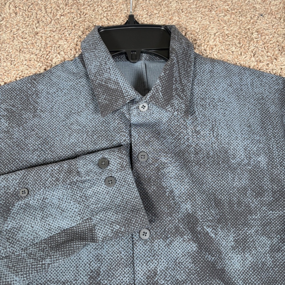 Lululemon Mens Commission Long Sleeve Shirt Blue Gray Abstract Print Techwear